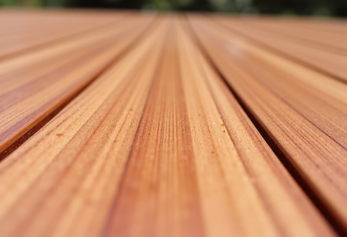 Close-up of a perfectly stained and restored wooden deck, showcasing Alabama Deck Restoration expertise in rejuvenation