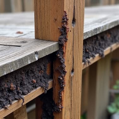 close-up of a rotted deck post indicating structural failure requiring replacement