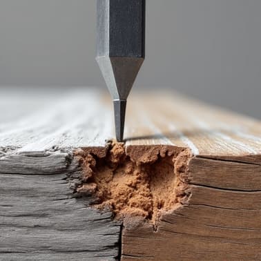 Close up comparing surface graying with deep wood rot