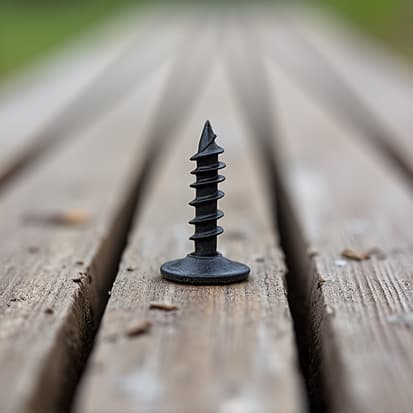 Color-Matched Screw Replacement Hoover AL. A close-up of a deck surface where rusted nails are being replaced with color-matched deck screws, showcasing how 