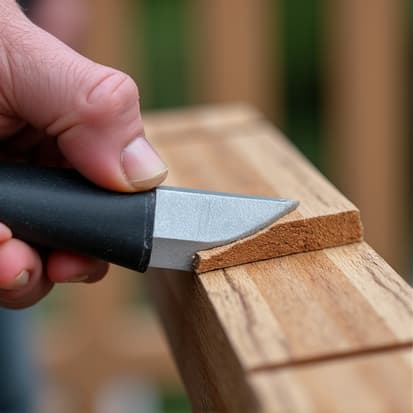 Deck Stair Stringer Repair Hoover AL. A detailed shot of a deck stair stringer being reinforced with new wood and structural fasteners, demonstrating the professional repair work to stabilize and secure deck stairs in Hoover, AL.