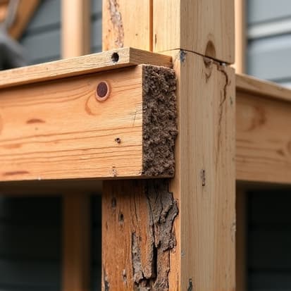 Rotted Deck Post Repair Hoover AL. A close-up view of a rotted deck post being replaced with new, treated lumber, supported by structural shoring during the repair process, ensuring stability and safety for the deck. This image highlights the meticulous work involved in post rot remediation in Hoover, AL.