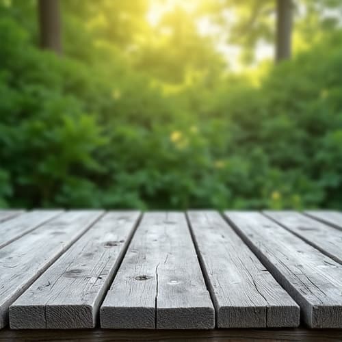 Weathered deck in Mountain Brook before restoration. A faded, gray deck on a sloped lot surrounded by lush greenery, showing signs of aging and exposure to elements