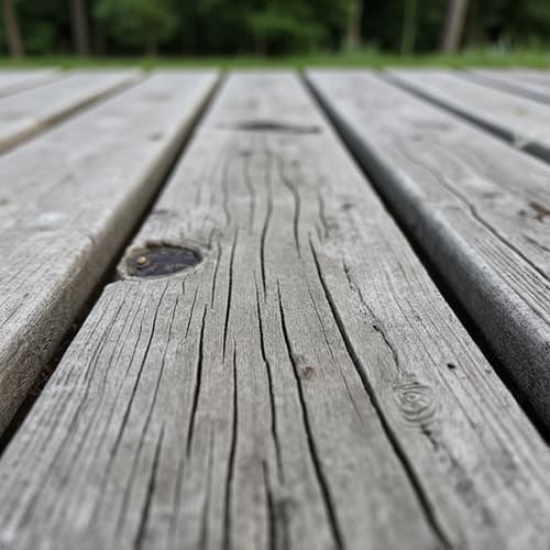 Weathered wooden deck before sanding highlighting graying wood and wear. A close-up of a neglected deck surface showing discoloration and a need for restoration.