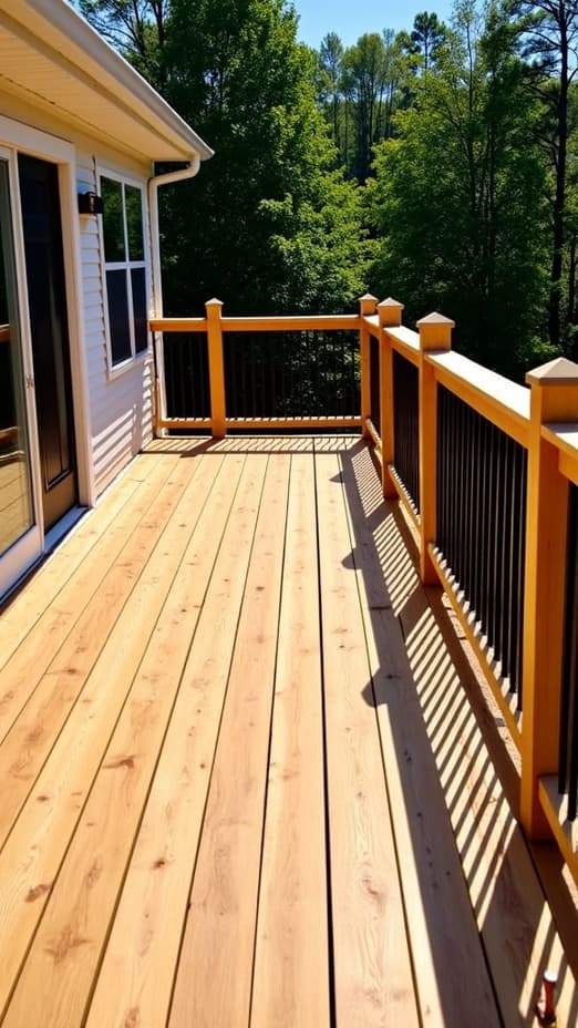 Rebuilt deck with homeowner smiling