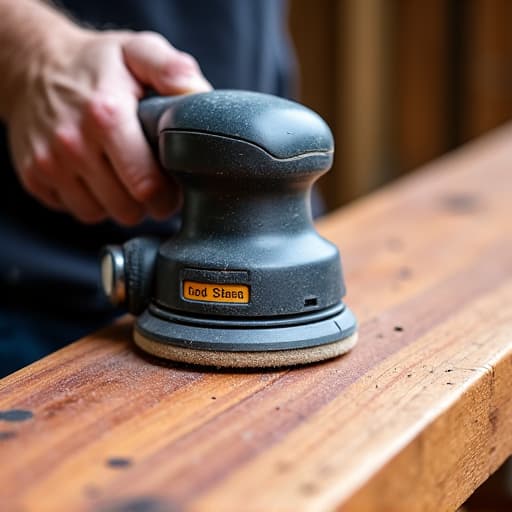 Close-up of a cedar deck being expertly sanded as part of a restoration process, highlighting the precision and care taken to protect its natural tannins.