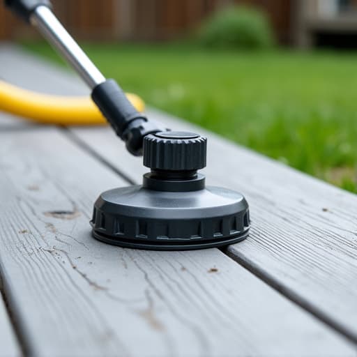 Professional soft washing of a composite deck, removing mold and grime with specialized equipment