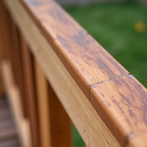 Close-up of a freshly stained deck railing, highlighting smooth wood and careful application