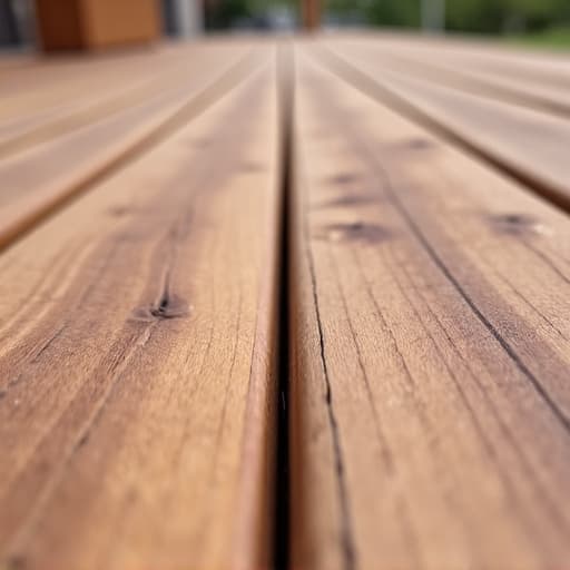 Close-up of a pressure-treated wooden deck during restoration, showing a section that has been sanded smooth next to an untreated, weathered section.