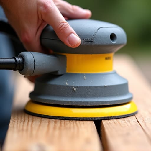 Deck restoration technician chemically stripping an old wooden deck before sanding and staining in Birmingham, AL.