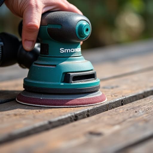 Deck restoration process: heavy-duty mechanical sanding on a weathered deck in Birmingham, AL