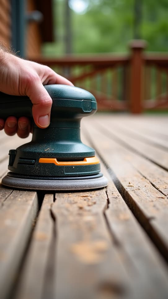 A professional performing deck sanding in Cahaba Heights, AL