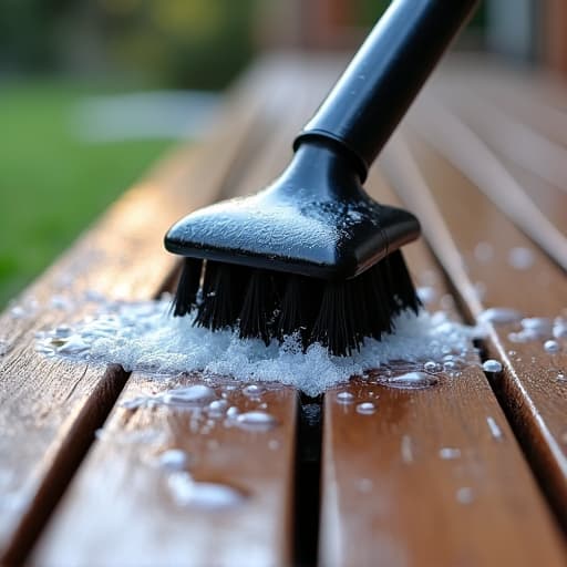 Wood deck being professionally brightened to neutralize pH after stripping, restoring natural color for enhanced curb appeal in Birmingham.