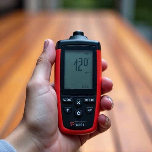 Deck surface being prepared with moisture meter for manufacturer-spec stain application
