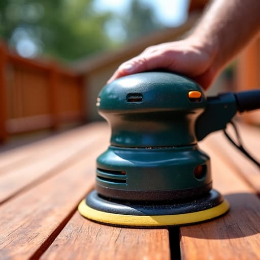 Deck being mechanically sanded to remove old finish and prepare for new stain, showcasing professional deck restoration in Birmingham, AL.