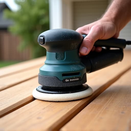 Deck restoration process in Mountain Brook with chemical stripping and mechanical sanding