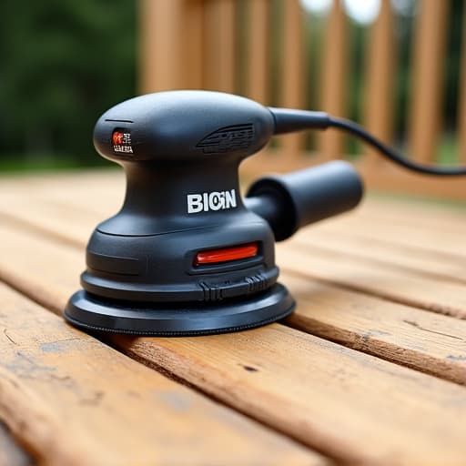 Deck is being refinished with professional tools to remove old stain