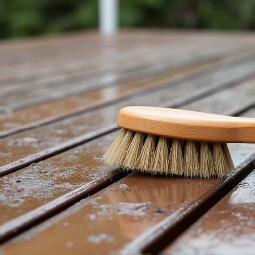 Outdoor wooden deck being cleaned with a soft-bristle brush, showing proactive maintenance to prevent rot