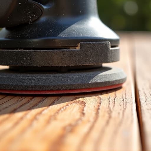Deck refinishing in progress with mechanical sander, showing smooth wood surface
