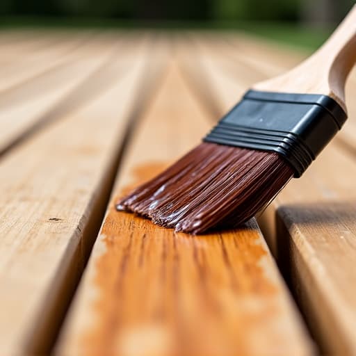 A professional applying semi-transparent deck stain to a wooden deck, preserving the wood grain while adding color and protection.