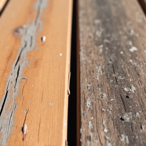 Close-up of a wooden deck, half showing grayed, weathered wood and the other half showing dark, decayed wood clearly illustrating the difference between surface graying and wood rot.