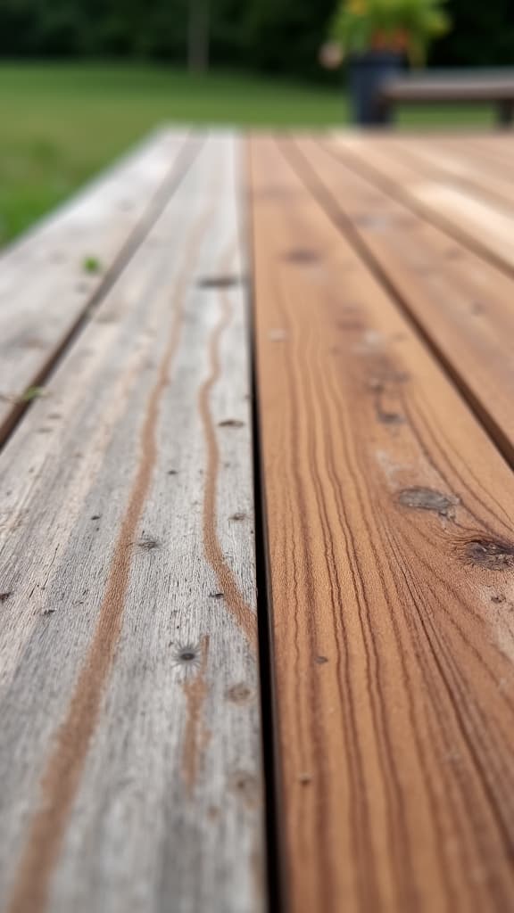 Close-up of freshly stained old deck wood after restoration