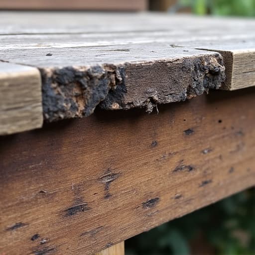 Deck repair specialist inspecting wood rot on a sloped lot deck in Chelsea, AL