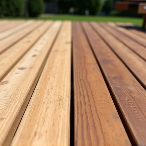 Crisp and Clean Deck Restoration. A meticulously cleaned and restored wooden deck, showcasing natural wood grain, with surrounding plants safely protected after stripping and cleaning