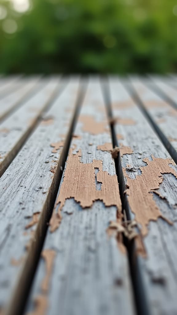 Close-up of a deck with peeling stain in need of recovery