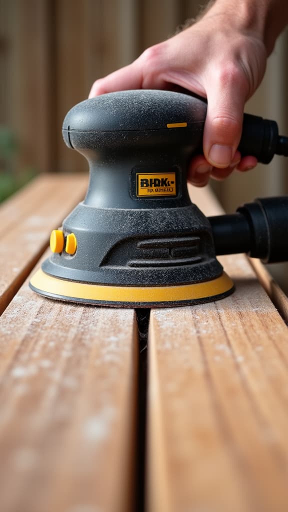 Detailed professional deck restoration process showing a worker sanding a deck