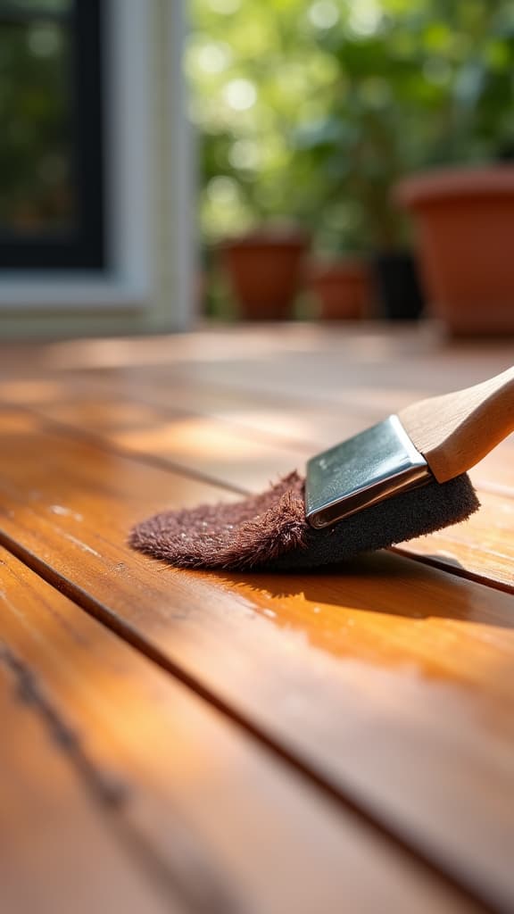 Deck staining professional applying stain to a wooden deck with precision